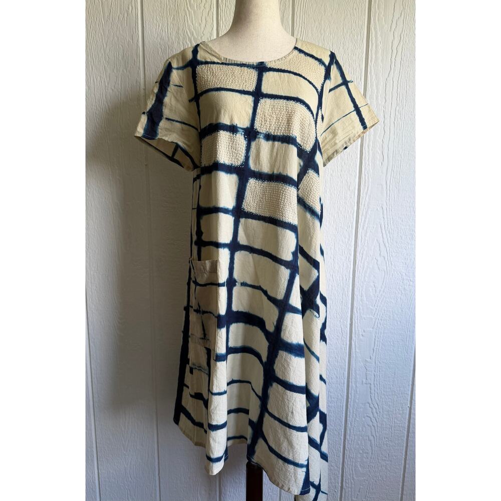 MarketPlace Handwork India Indigo Tie Dye Dress A-Line Pocket Artisan Size Small